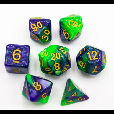 Critical Hit Collectibles Green/Purple Set of 7 Fusion Polyhedral Dice w/ Gold Numbers for D20 Based RPG's - Critical Hits
