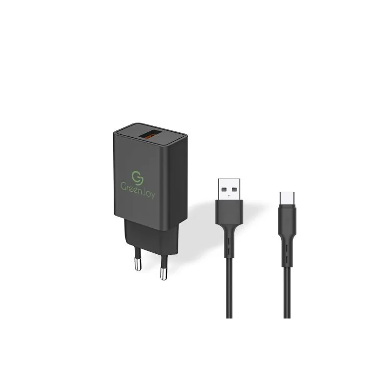 USB Power Adapter with Type-C / 2.4A Charging and Data Cable - 1m - Black