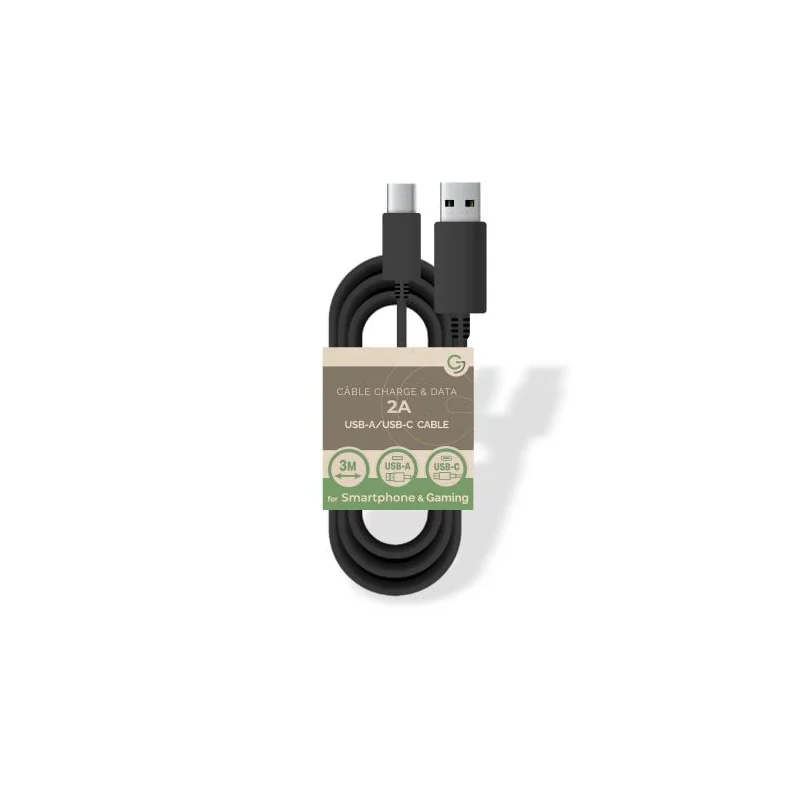 USB A/USB C 5V/2A charge/data cable - 3m - Bulk - Black