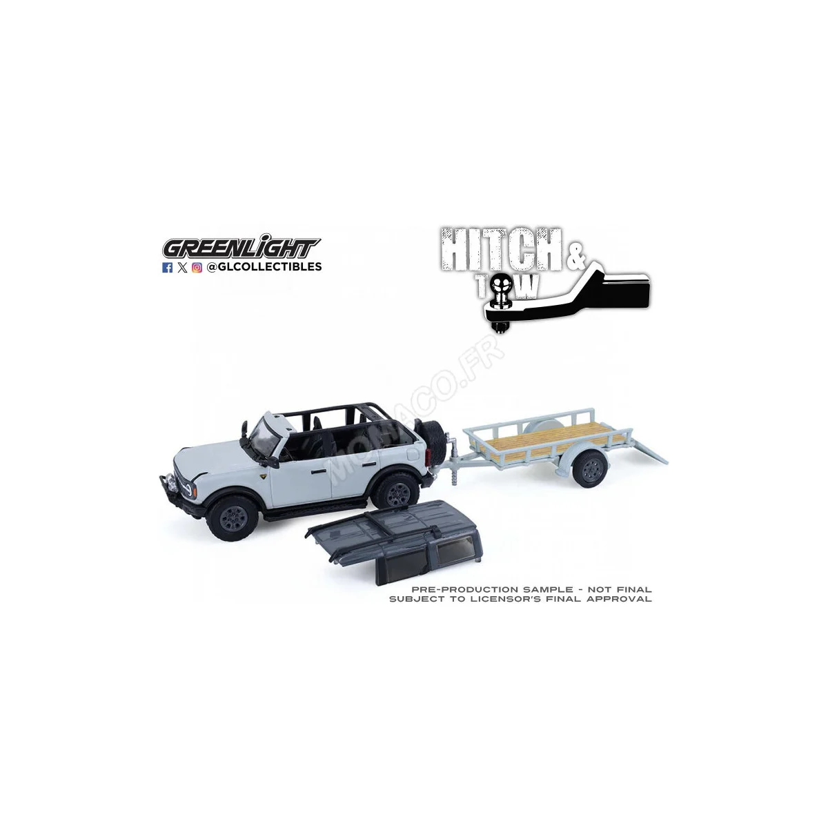 2021 ford bronco badlands with flatbed trailer and motorcycle (sold out) Die cast - GREENLIGHT