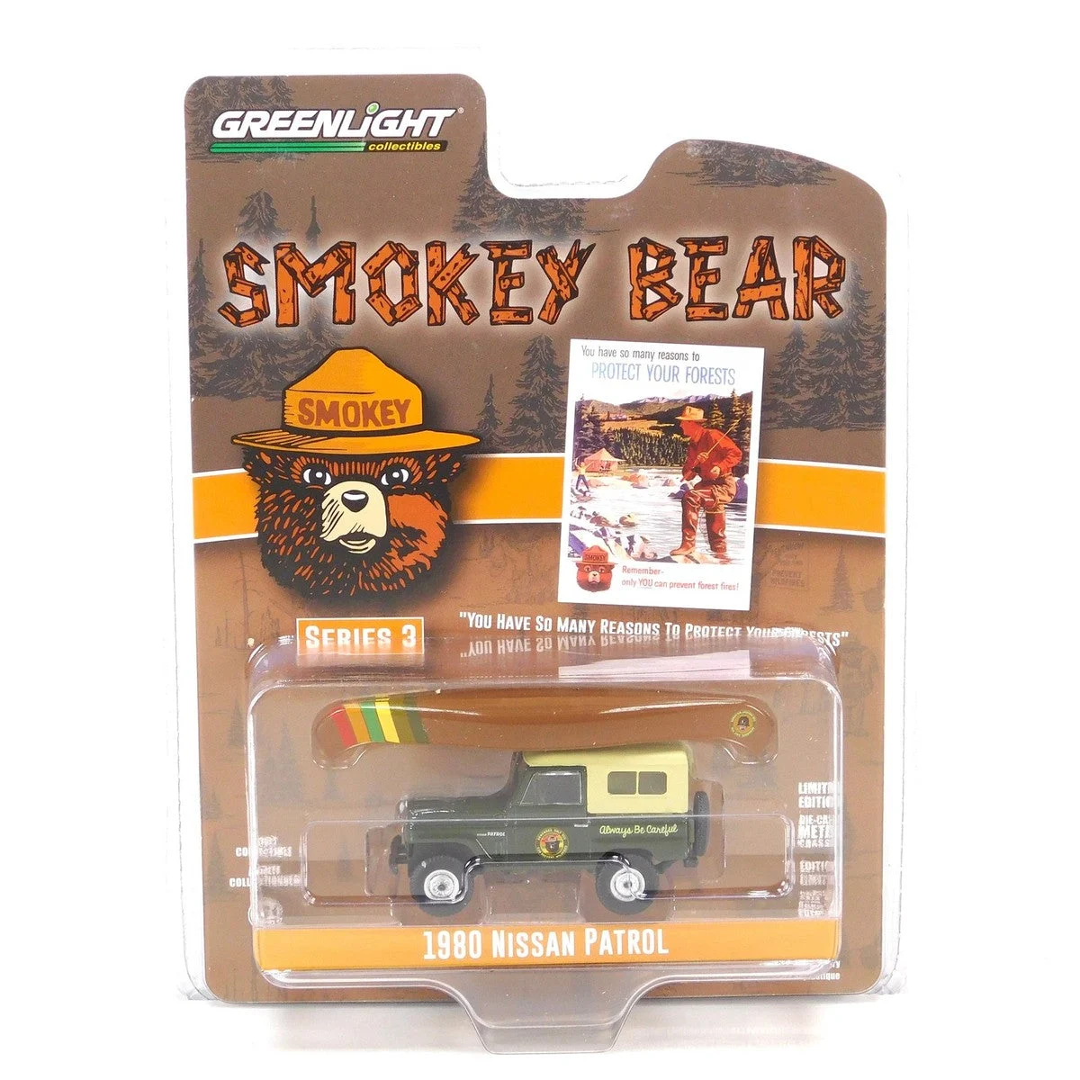 Greenlight 1:64 Smokey Bear Series 3 – 1980 Nissan Patrol with Canoe on Roof “You Have So Many Reasons To Protect Your Forests”: - GreenLight Collectibles