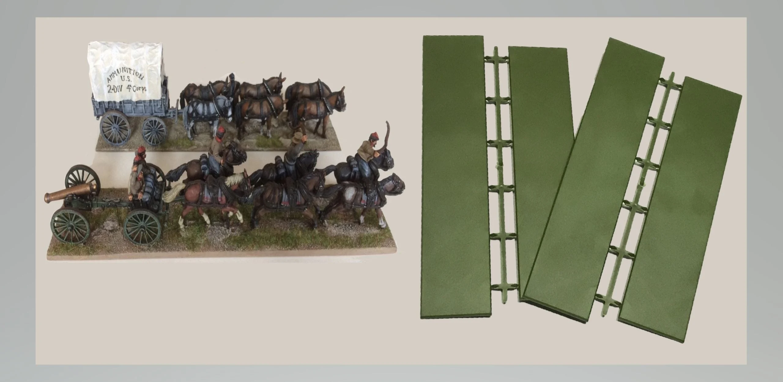 230 mm x 50 mm & 210 mm x 50 mm Cannon and Limber with Horses Plastic Bases (2 each) - Renedra Limited
