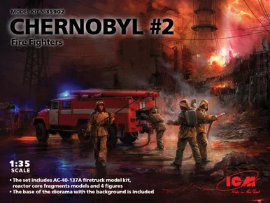 1/35 ICM Chernobyl#2. Fire Fighters (AC-40-137A firetruck & 4 figures & diorama base with background)