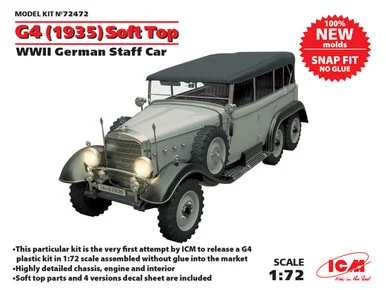 1/72 ICM G4 (1935 production) Soft Top, WWII German Staff Car, snap fit/no glue - ICM Models