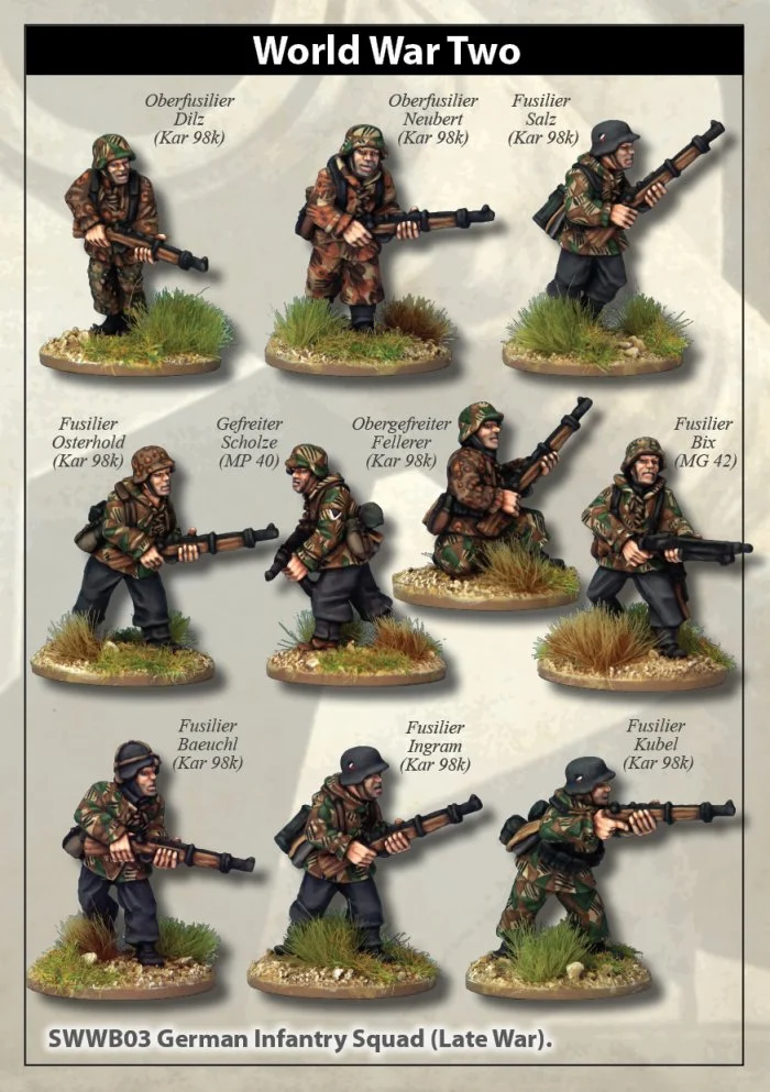 Second World War Late War German Infantry Section (In Smocks), 28 mm Scale Model Metallic Figures - Artizan Designs