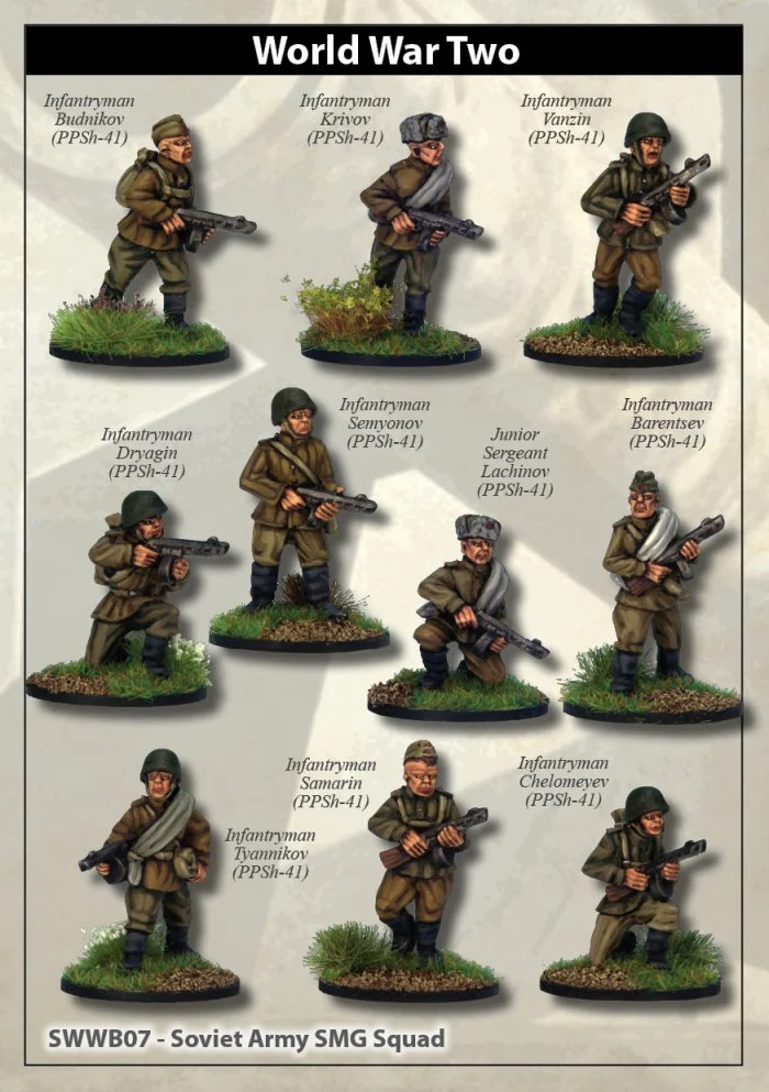 Second World War Soviet Army SMG Squad, 28 mm Scale Model Metallic Figures - Artizan Designs