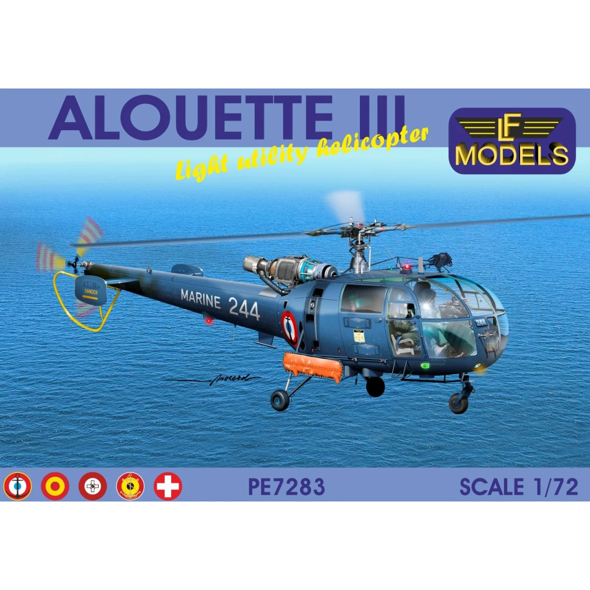 Alouette III Light Utility Helicopter Complete plastic kit with 5 decal options (France, Spain, Malta, Belgium, Switzerland). - LF Models