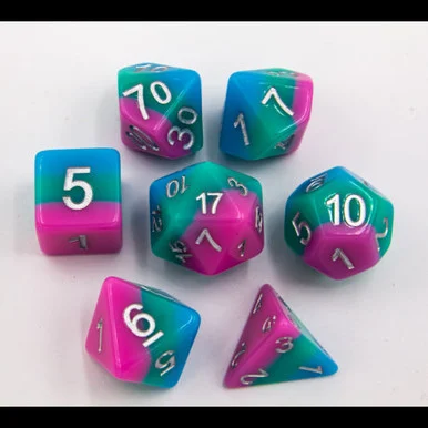 Critical Hit Collectibles Light Blue/Green/Pink Set of 7 Multi-Layer Polyhedral Dice w/ Silver Numbers for D20 Based RPG's