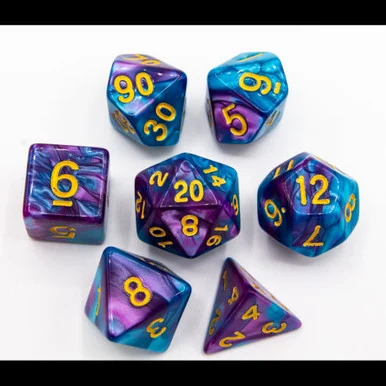 Critical Hit Collectibles Light Blue/Purple Set of 7 Fusion Polyhedral Dice w/ Gold Numbers for D20 Based RPG's - Critical Hits