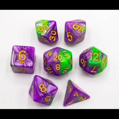 Critical Hit Collectibles Light Purple/Green Set of 7 Fusion Polyhedral Dice w/ Gold Numbers for D20 Based RPG's - Critical Hits