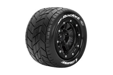 Louise RC L-T3328SB MFT MT-Rocket 1/10 Monster Truck Tires, 1/2" Offset, 17mm Hex, Soft, Mounted on Black Rims, 1 Pair