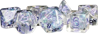 Metallic Dice Games 689 16mm Resin Polyhedral Pearl w/ Purple Dice Set