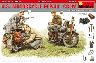1/35 Miniart WWII US Motorcycle Repair Crew (3) w/2 Motorcycles, Tools & Boxes (Special Edition)