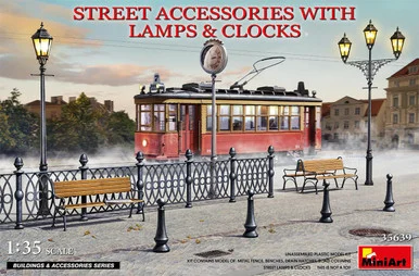 1/35 Miniart Street Accessories w/ Lamps & Clocks Plastic Model Kit