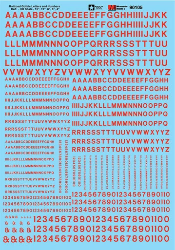 Microscale 90105 HO Scale Railroad Gothic Red Alphabets Decal Sheet