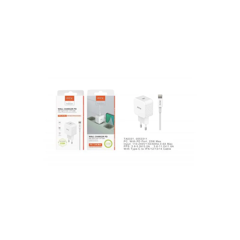 Type C Sector Tip + Type C to Lightning Cable for iPhone X/12/13/14 - 25W - 3.4A - TA0331 - White