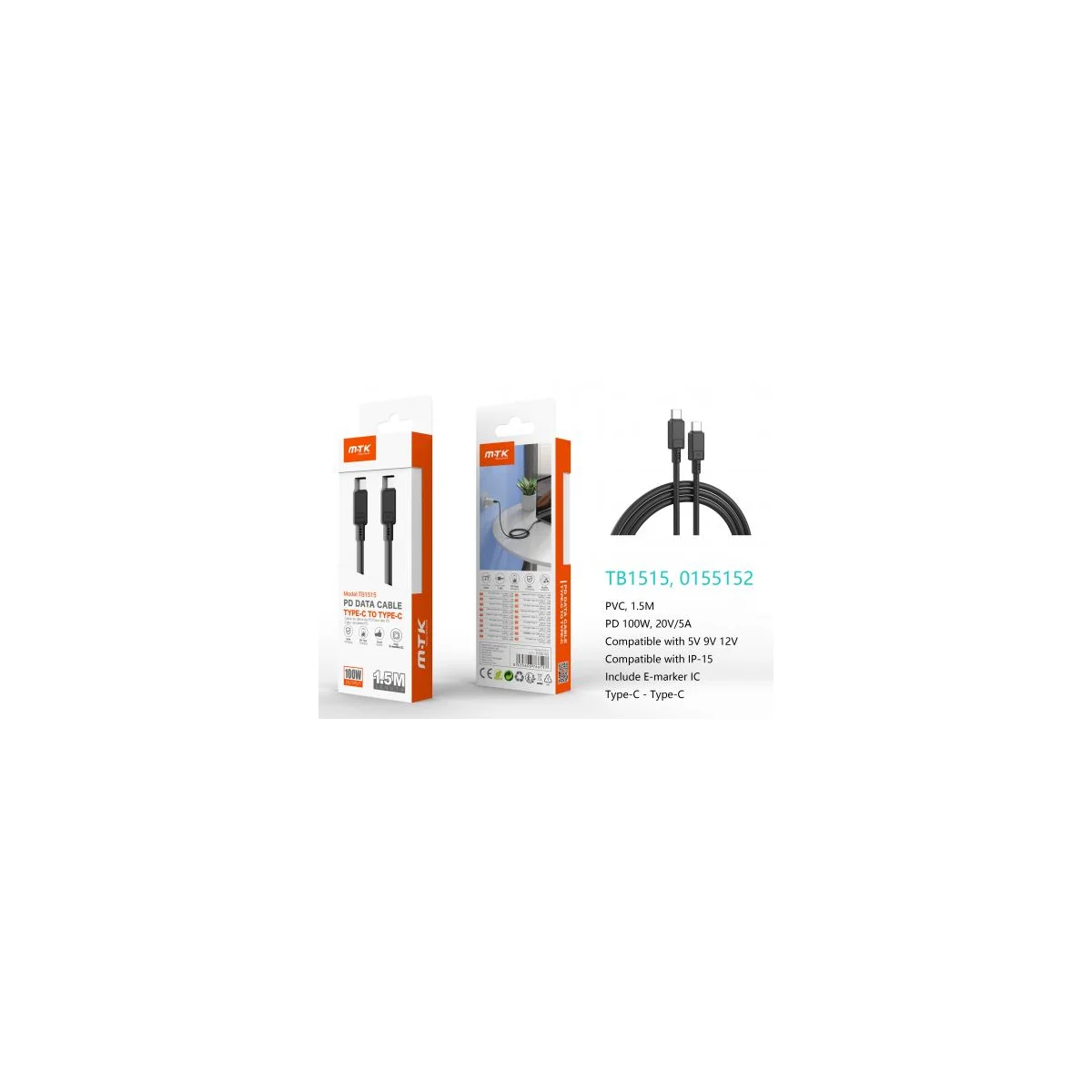Type-C to Type-C Cable - Braided - 1.5m 5A Power Delivery 100W - TB1515 - Black