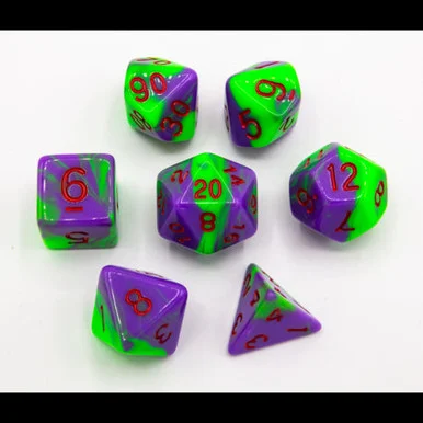 Critical Hit Collectibles Neon Green/Purple Set of 7 Fusion Polyhedral Dice w/ Red Numbers for D20 Based RPG's - Critical Hits