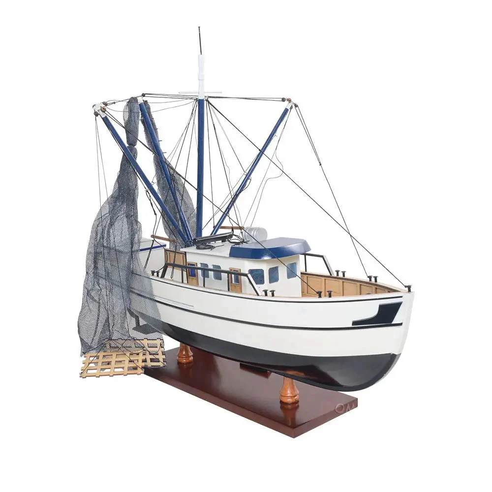 Old Modern Handicrafts Shrimp Boat Wooden Model — Handcrafted Fishing Vessel Replica