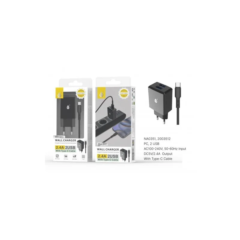 Power adapter with Type C cable, 2 USB, 2.4A - NA0351 - Black