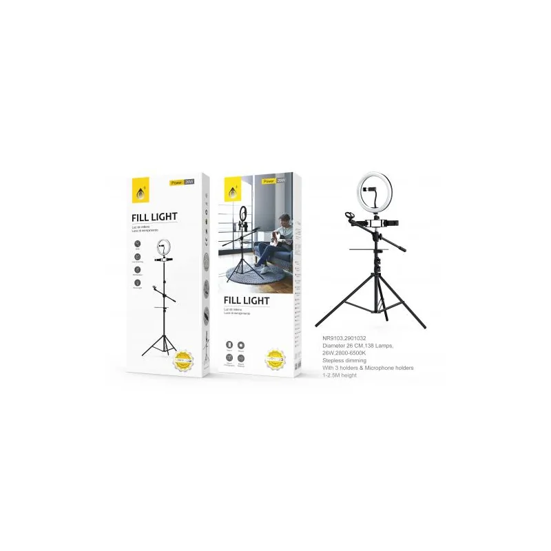 Tripod with LED and 3 Phone Holders + 1 Microphone - 3 Light Modes - Height from 1 to 2.50M - Black