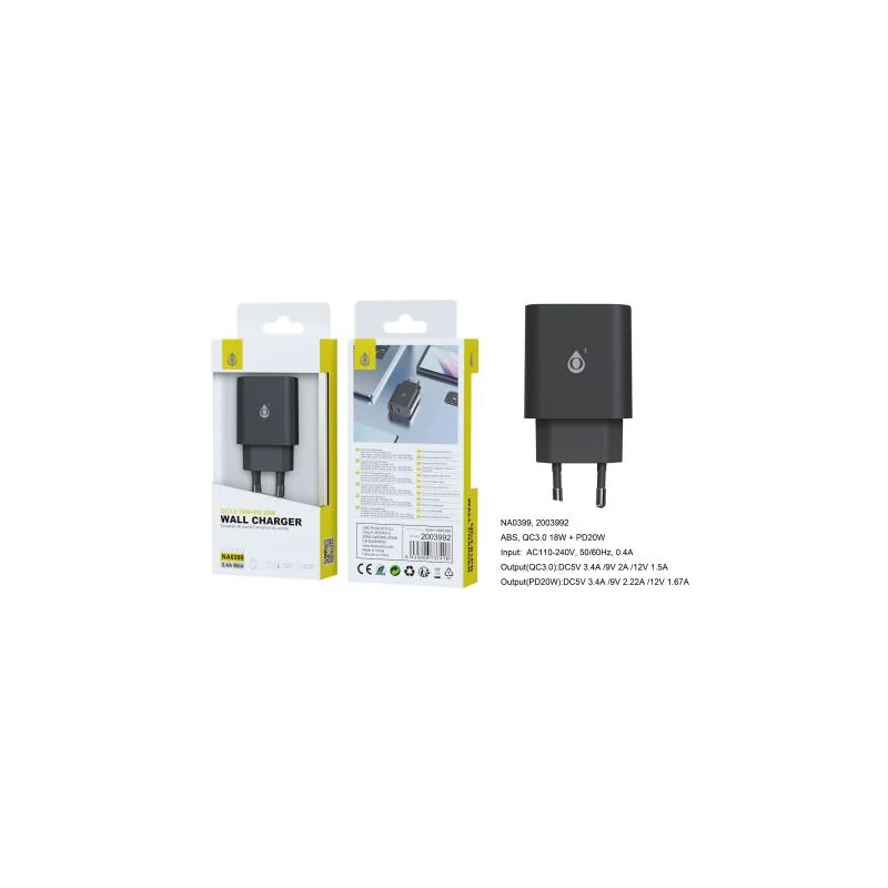3.4A power outlet - 1 USB port (18w) and 1 Type C port (20w) - NA0399 - Black