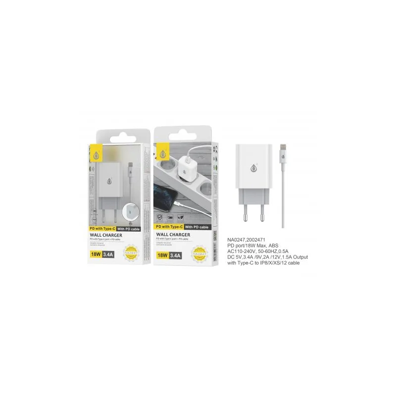 Type C Power Adapter with Type C to Lightning Cable - 3.4A - 18W - iPhone 8/X/XS/12 -1 USB - NA0247 - White