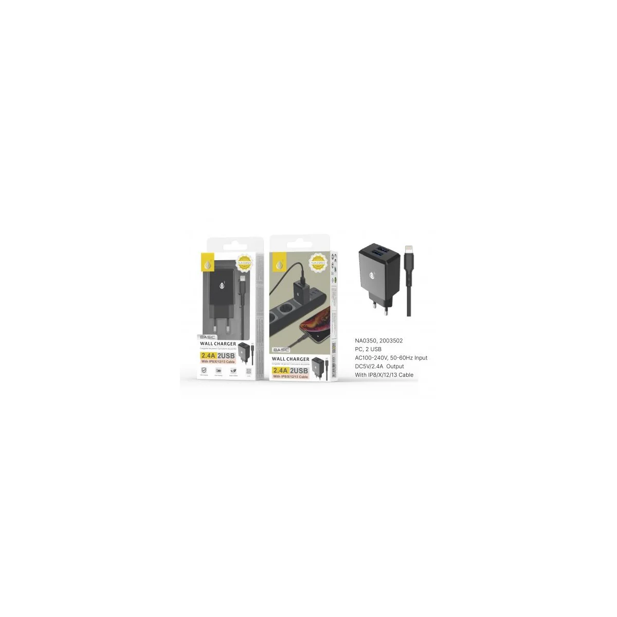 Dual USB Charger 2 ports Black 2.4A + Cable IPHONE 5-13 NA0350