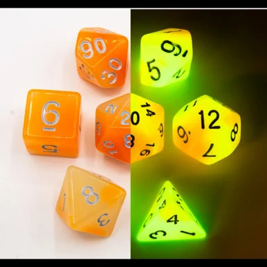 Critical Hit Collectibles Orange/White Set of 7 Fusion Glow in Dark Polyhedral Dice w/ Gold Numbers for D20 Based RPG's - Critical Hits