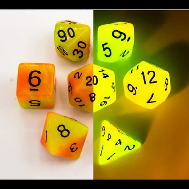 Critical Hit Collectibles Orange/Yellow Set of 7 Fusion Glow in Dark Polyhedral Dice w/ Black Numbers for D20 Based RPG's - Critical Hits