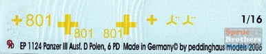 PDH1124 1:16 Peddinghaus Decals - Panzer III Ausf. D Polish Campaign, 6.PD