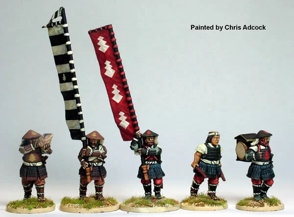 Perry Miniatures Samurai (1550–1615) Ashigaru Bannerman & Musicians Advancing 28mm Scale Metal Figures
