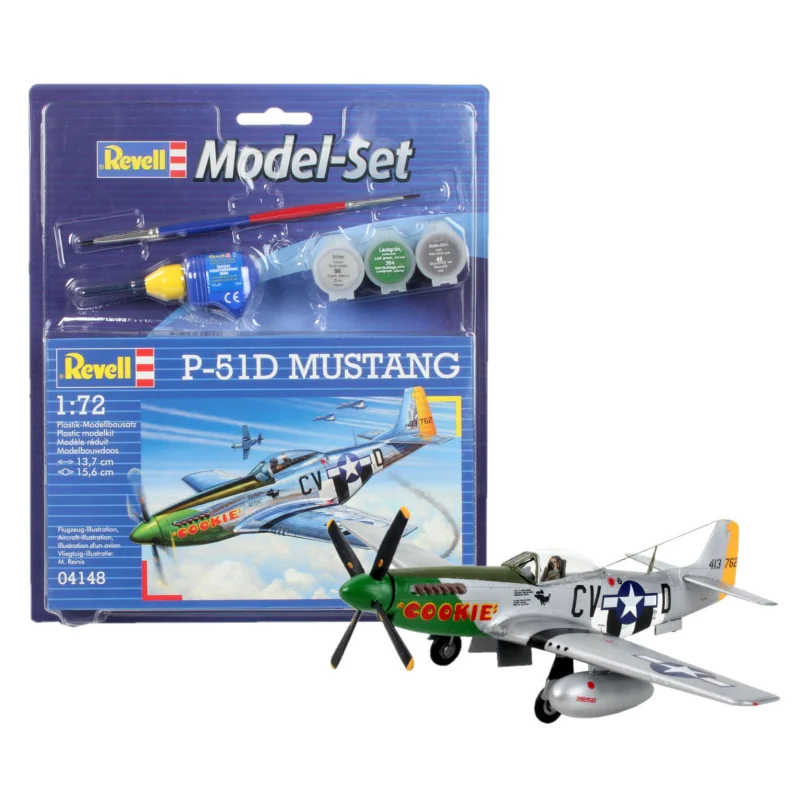 Model Set P-51D Mustang - box containing the model, paints, brush and glue Model kit