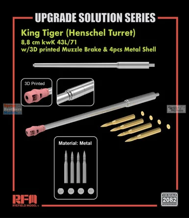 RFMRM2082 1:35 Rye Field Model Gun Barrel Set: King Tiger 8.8cm kwK 43L/71 (Henschel) with Muzzle Brake & 4pcs Metal Shell