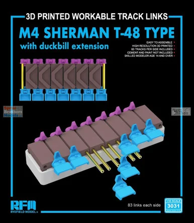RFMRM3031 1:35 Rye Field Model M4 Sherman T-48 Type Workable Track Set with Duckbill Extension (3D Printed)