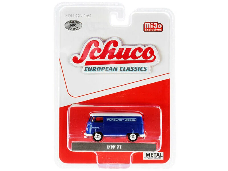 Volkswagen Type 2 T1 Panel Bus Porsche Diesel (Blue w/ White Top) 1:64 Scale - Schuco