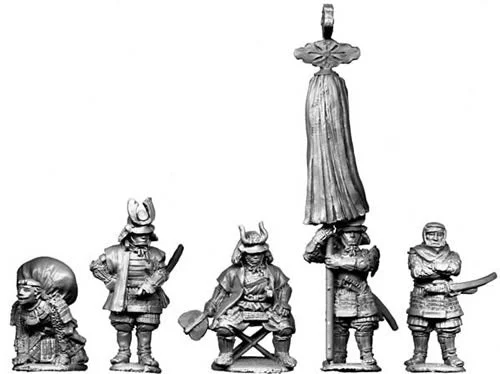 Samurai (1550 – 1615) Seated Daimyo & Attendants, 28 mm Scale Model Metal Figures - Perry Miniatures