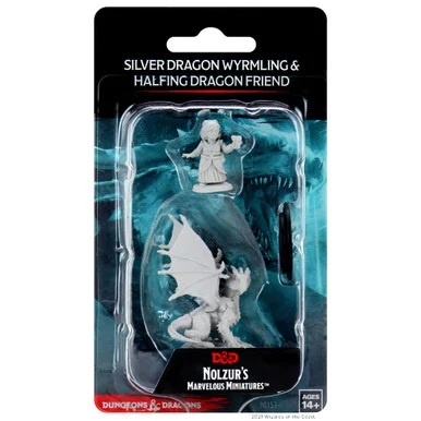 Wizkids 90153 Dungeons & Dragons Nolzur`s Marvelous Unpainted Miniatures: Silver Dragon Wyrmling & Female Halfing