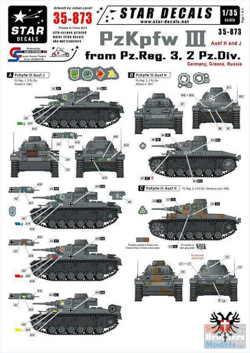 SRD35873 1:35 Star Decals - Panzer III Pz.Kpfw.III Ausf H and J from, Pz.Reg.3, 2 Pz.Div