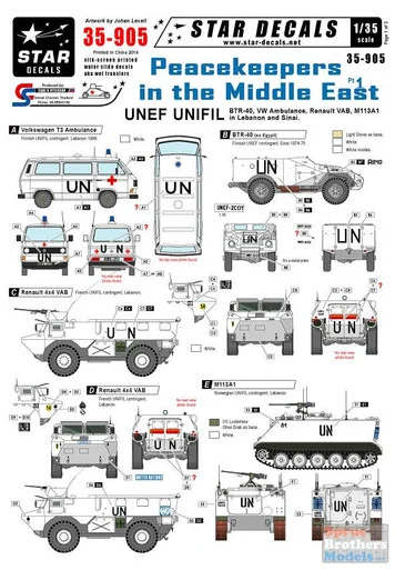 SRD35905 1:35 Star Decals - Peacekeepers in the Middle East Pt 1 UNEF UNIFIL (BTR-40, VW Ambulance, Renault VAB, M113A1 in Lebanon & Sinai)