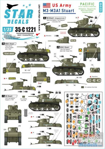 SRD35C1221 1:35 Star Decals US Army M3 M3A1 Stuart Pacific Theater