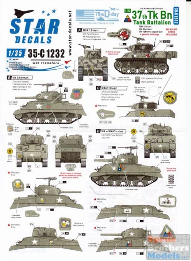 SRD35C1232 1:35 Star Decals - US 37th Tank Battalion / 4th Armored Division - 75th D-Day Special Normandy and France in 1944