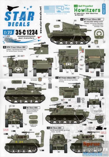 SRD35C1234 1:35 Star Decals - US Self-Propelled Howitzers - 75th D-Day Special Normandy and France in 1944