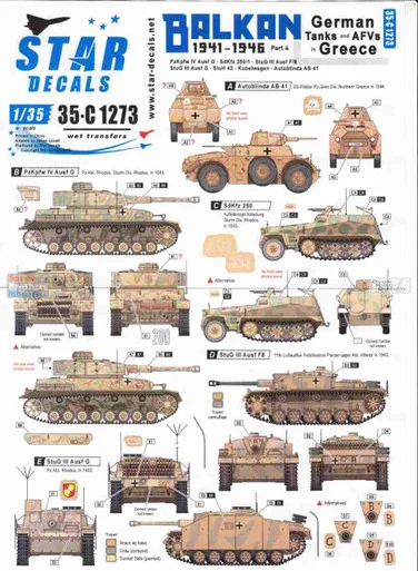 SRD35C1273 1:35 Star Decals - Balkan 1941-1946 Part 4: German Tanks & AFVs in Greece
