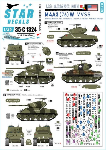 SRD35C1324 1:35 Star Decals - US Armor Mix #7 M4A3(76)W VVSS