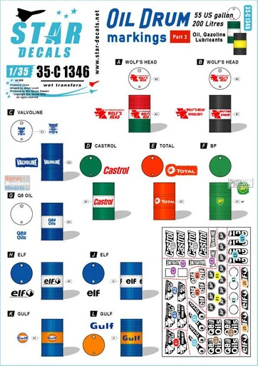 SRD35C1346 1:35 Star Decals - Oil Drum Markings #2 55 US Gallon / 200 Litres. Oil, Gasoline and Lubricants