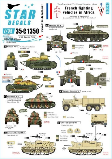 SRD35C1350 1:35 Star Decals - French Fighting Vehicles in Africa #3 Vichy France and the FFL