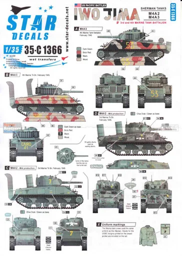 SRD35C1366 1:35 Star Decals - US Pacific Battles: Iwo Jima M4A2 M4A3 Sherman Tanks