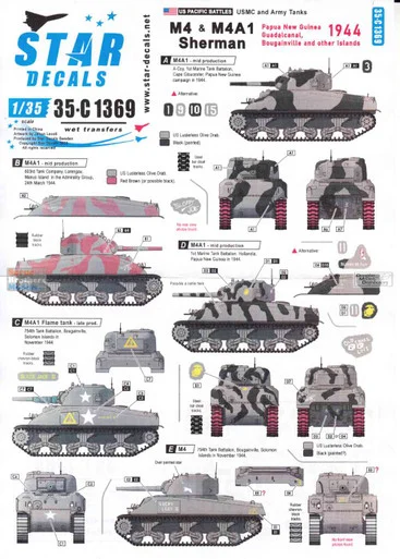 SRD35C1369 1:35 Star Decals - US Pacific Battles: M4 & M4A1 Sherman Papua New Guinea, Guadalcanal, Bougainville and other Islands