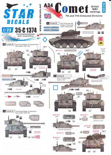 SRD35C1374 1:35 Star Decals - A34 Comet British WW2 Markings